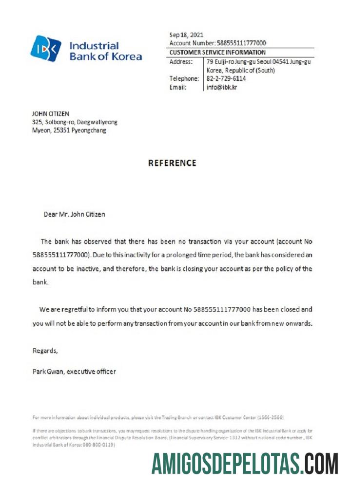 Referência de fechamento do banco industrial da Coreia exemplo